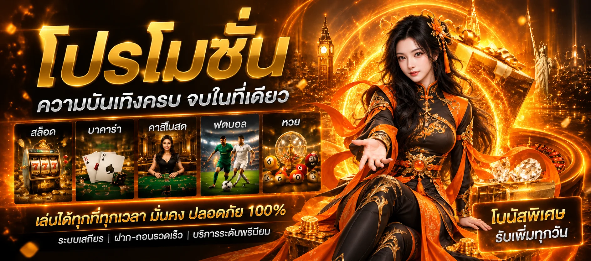 แบนเนอร์ pzago ทางเข้าเว็บหลักพร้อมประตูแสงโทนส้มดำ