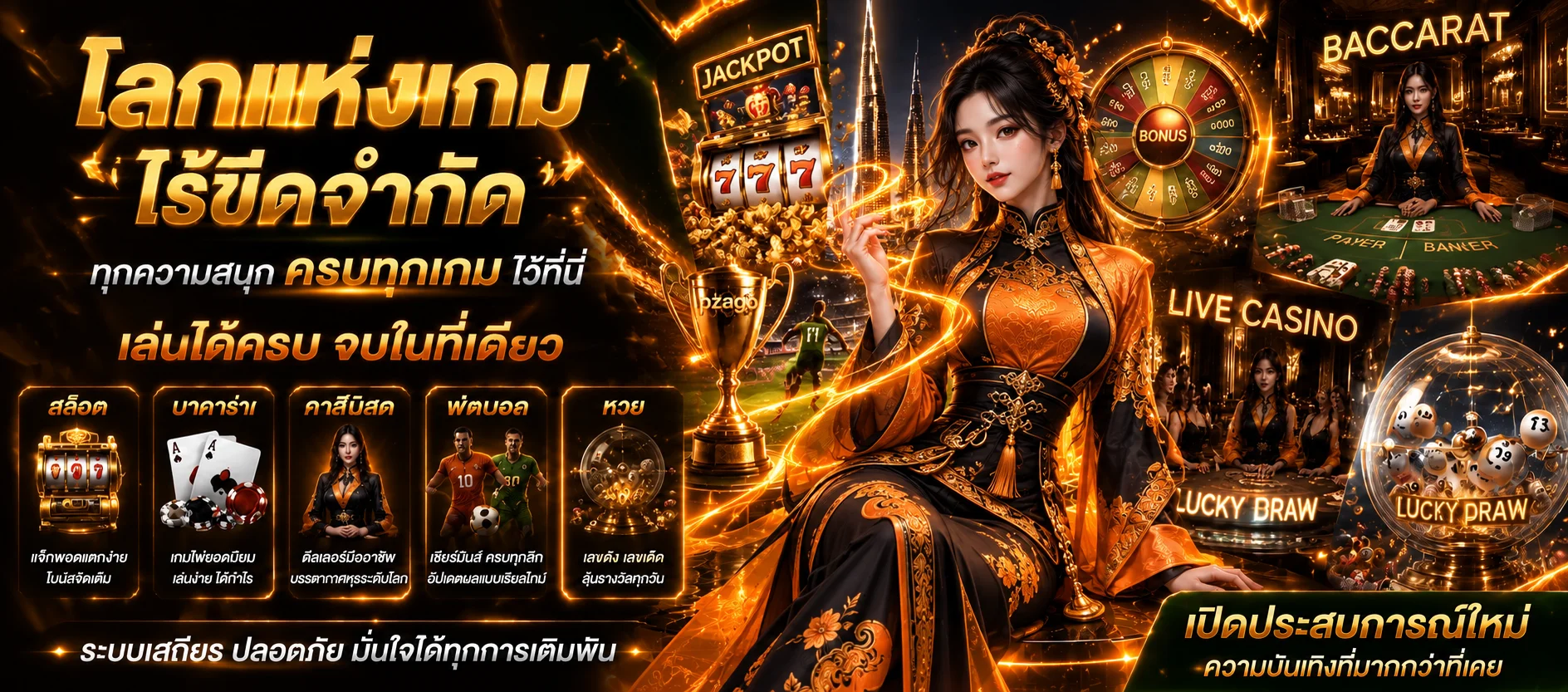 แบนเนอร์ pzago คาสิโนสดพร้อมดีลเลอร์แฟนตาซีโทนส้มดำ