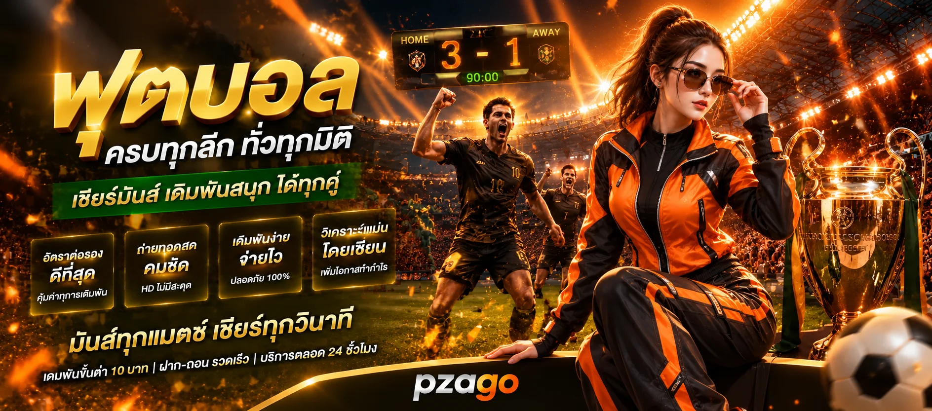 แบนเนอร์ pzago กีฬาพร้อมสนามฟุตบอลและตัวละครโทนส้มดำ