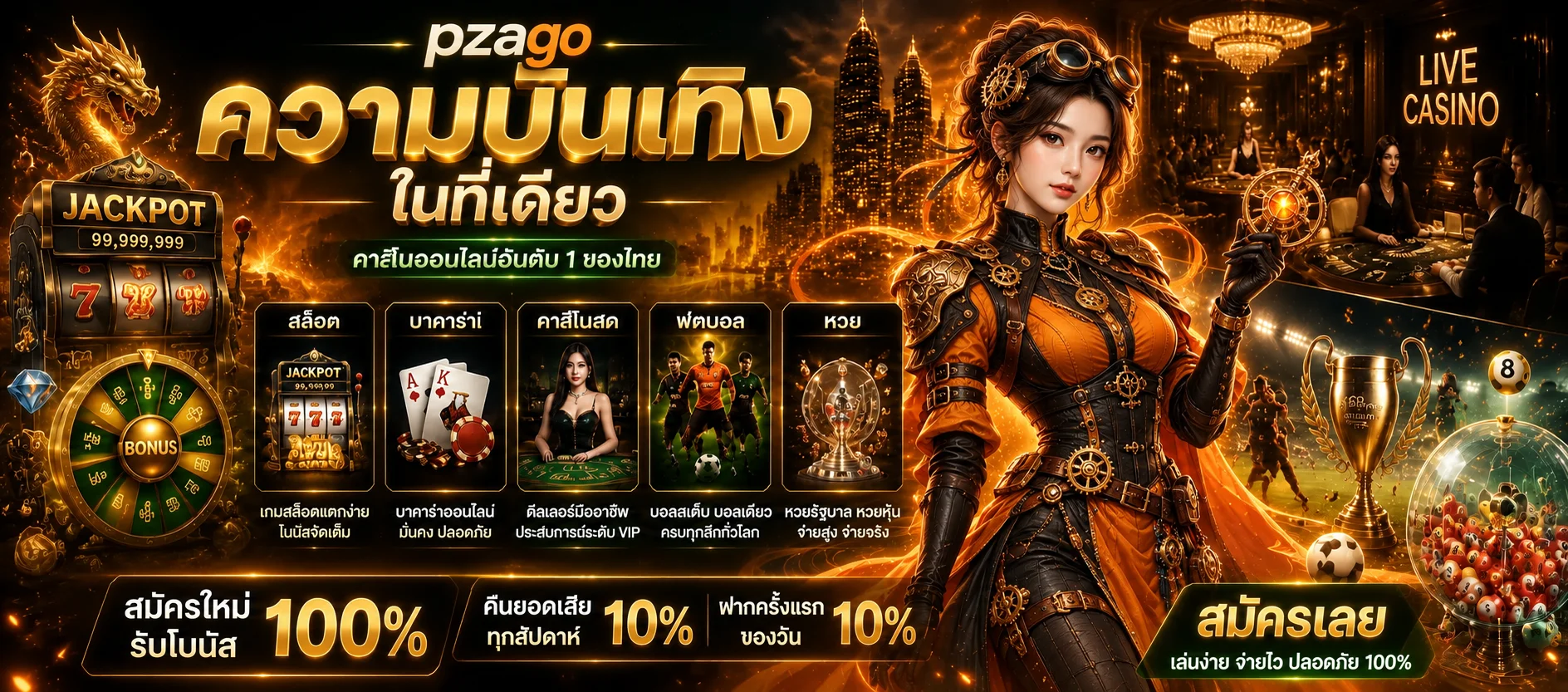 แบนเนอร์ pzago สล็อตพร้อมตัวละครแฟนตาซีโทนส้มดำ
